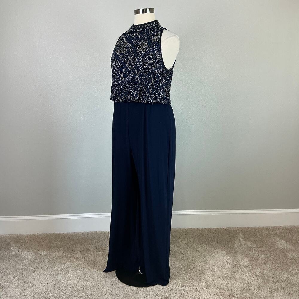 Adrianna Papell Blue Jumpsuit Beaded Wide-Leg Pant Sleeveless Halter Size 18 - Picture 5 of 12